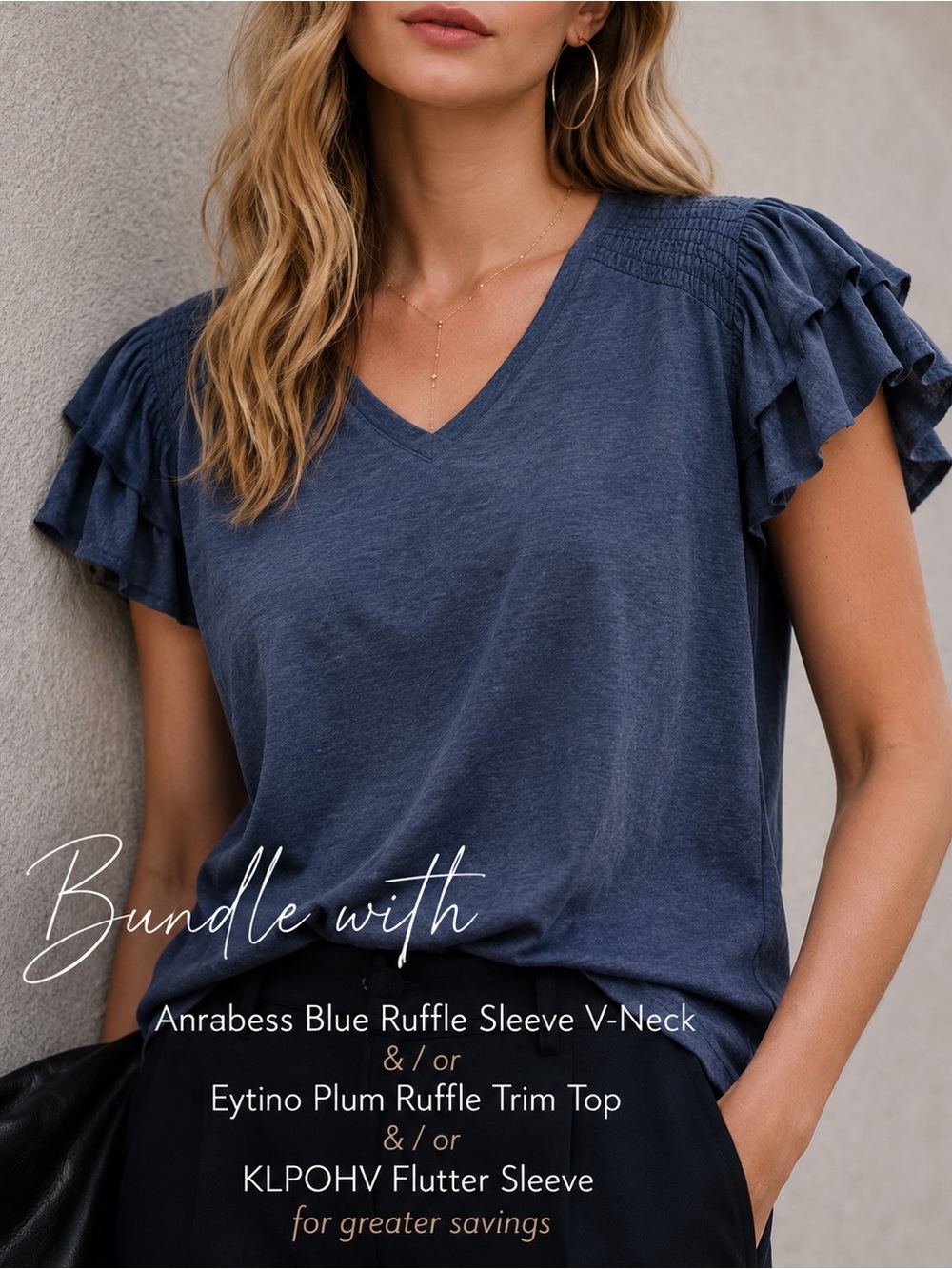 STEAL Dokotoo Ruffle Sleeve V-Neck Top | Women’s XXL | Navy Blue | NWT